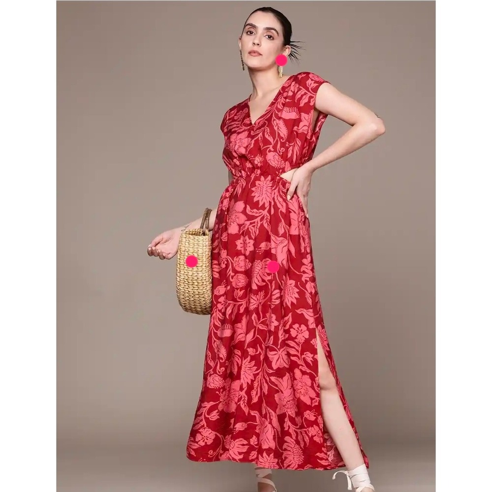 MNG Mango Floral Cut-Out V-Neck Maxi Dress Red Pink 2 Women Summer Vacation